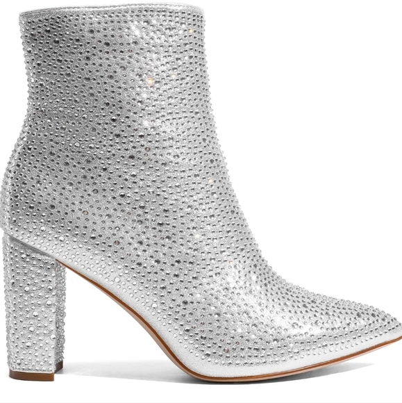 DREAM PAIRS Silver Rhinestone Chunky Heel Ankle Booties Pointed Toe Short Boots - Picture 2 of 11